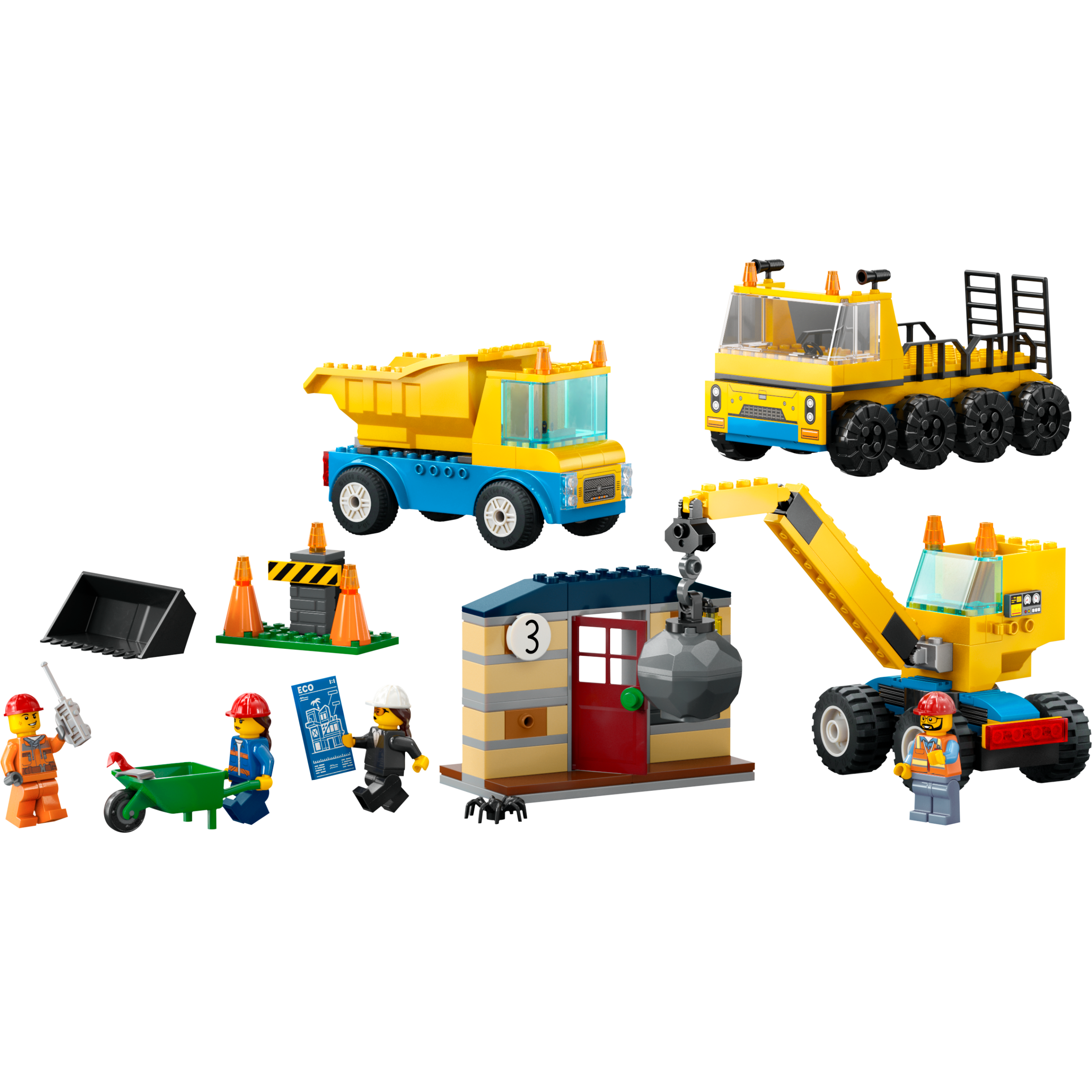 Construction Trucks And Wrecking Ball Crane